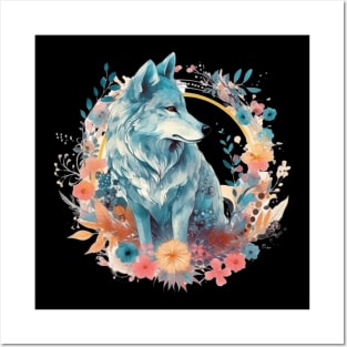 Colorful Wolf With Flowers Posters and Art